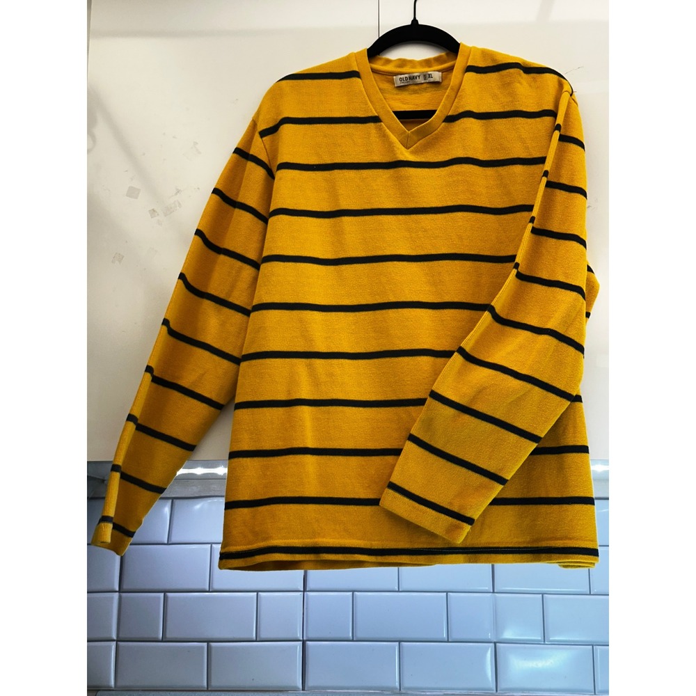 Old Navy Mens XL Mustard Yellow Black Striped V-Neck Cotton Sweater